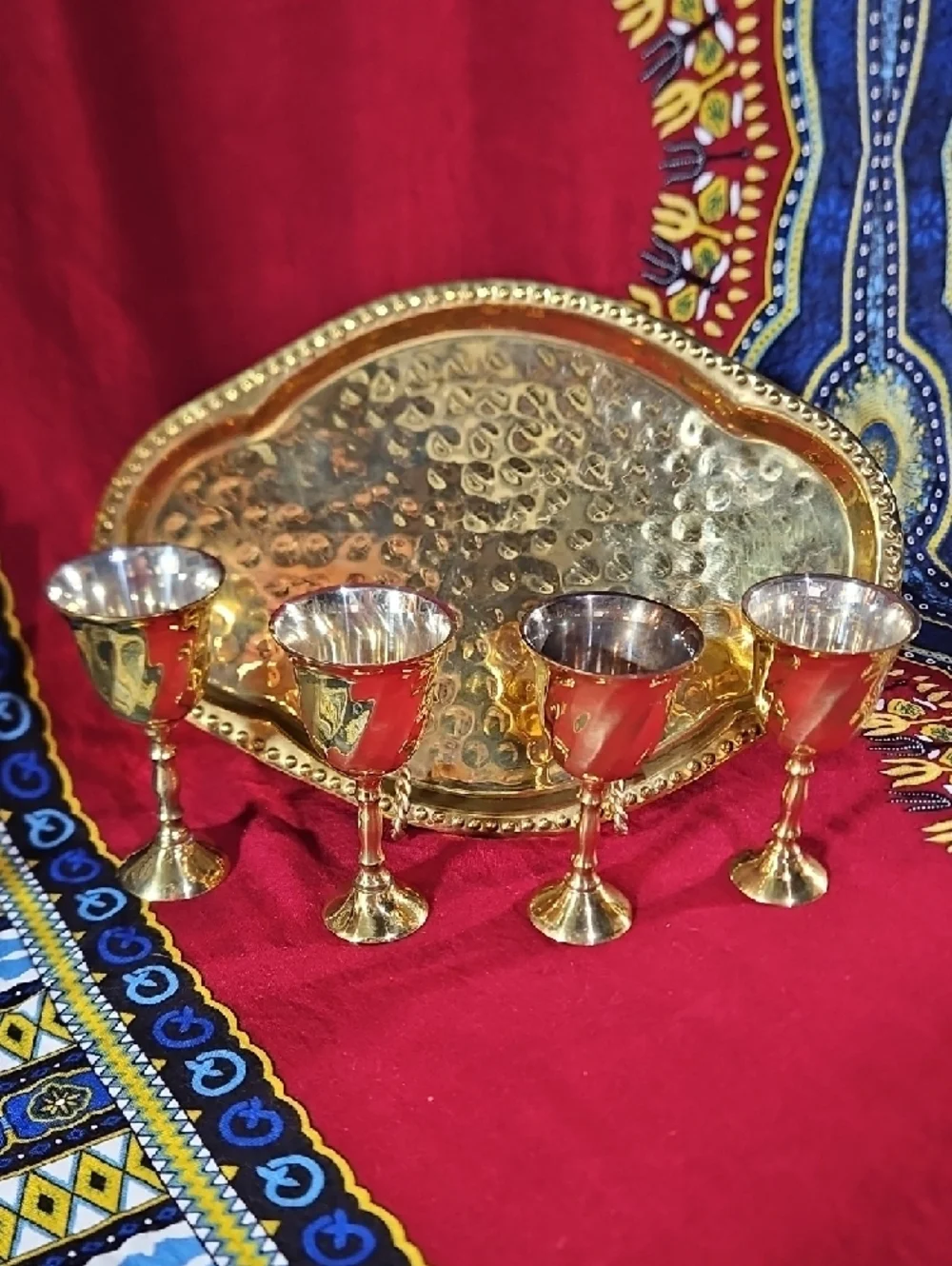 Brass Miniature Chalice Goblet Set with Tray - Made in India Vintage